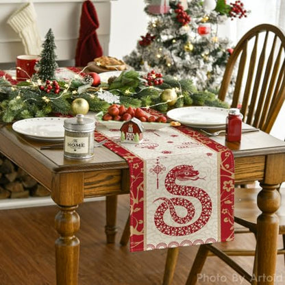 Chinese Zodiac Snake Paper Cutting Style Table Runner 13x90 Inch for Lunar New Year - Red & Gold
