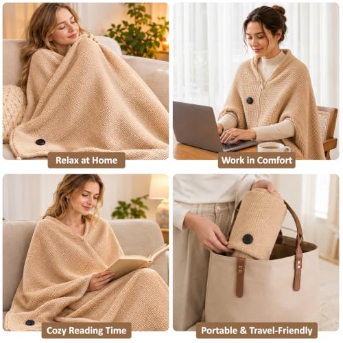 Beige Portable Heated Shawl Blanket 60x31 Inches USB Electric Wrap