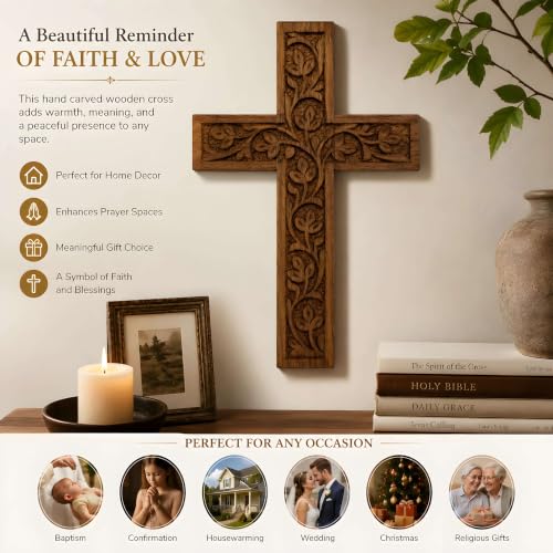 Wooden Wall Cross Hand Carved - Rustic Religious Decor, 7 x 5 Inches