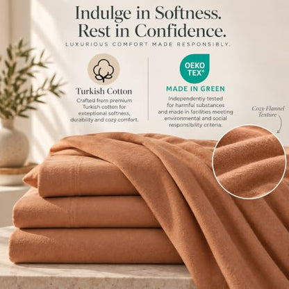 Queen Size Flannel Sheet Set - Solid Adobe, 100% Turkish Cotton, Double-Brushed, Cozy Winter Bedding