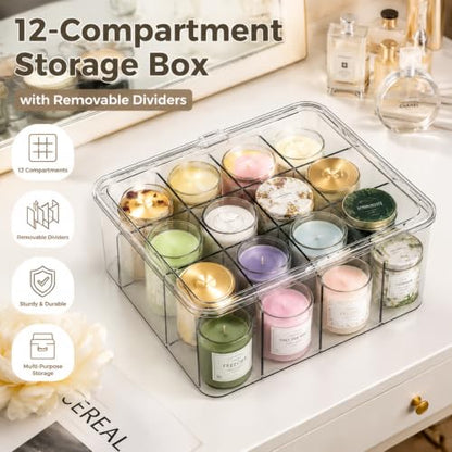Candle Storage Organizer Box with Dividers, 12 Compartments for Aromatherapy, Taper, Tealight & Jar Candles