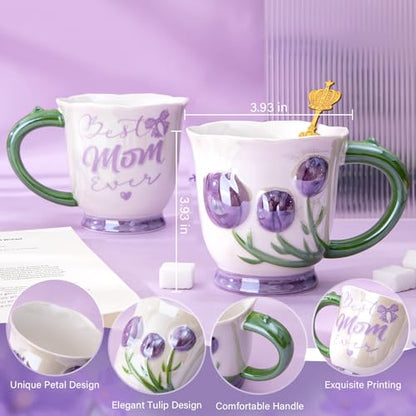 Purple Tulip Mug Set for Mom - 18oz Ceramic Coffee Mugs Gift from Daughter Son