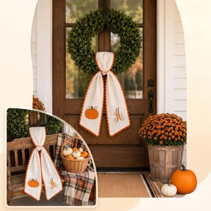 Fall Wreath Sash with Embroidered Pumpkins and Initials - Orange Scalloped Trim - Indoor Outdoor Decor - Variation S