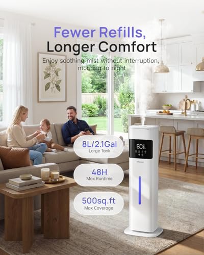 Large Room Humidifier with 8L Tank & Auto Humidity Control - White