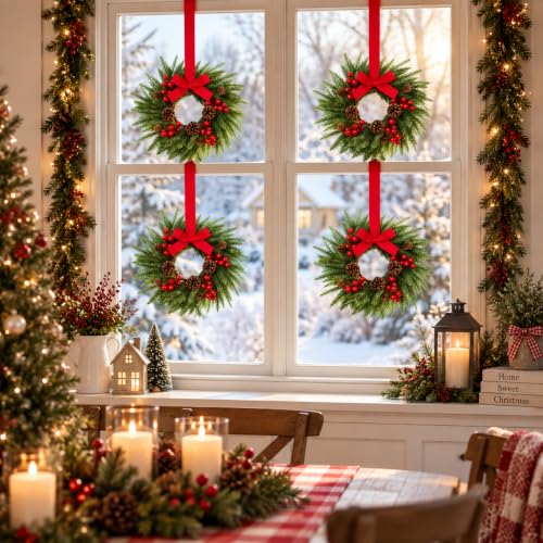 4 Pcs Mini Christmas Wreath 15 Inch with Red Ribbon - Farmhouse Holiday Decor