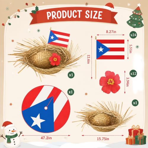 Puerto Rico Christmas Tree Decor Kit with Flag Skirt & Straw Topper - 47.2 Inch - Variation of 38 / 47.2 Inches