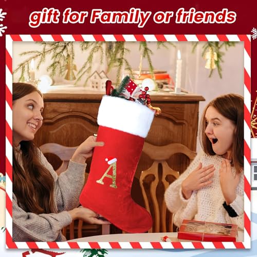 Monogram Christmas Stockings with Letters - 18 Inch White Plush Cuff with Red Velvet - Holiday Gift & Decor - Variation A