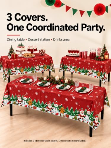 Christmas Tablecloths 3 Pack - Red Snowman & Santa Waterproof 54 x 108 Inches