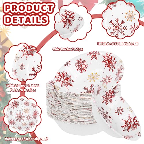 Disposable Winter Paper Bowls Set - Red White Snowflake Pattern, 12 Oz, 100 Pack