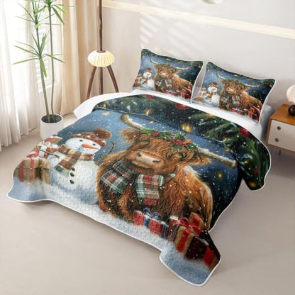 Christmas Highland Cattle King Quilt Bedding Set - White & Brown, 3 Pieces