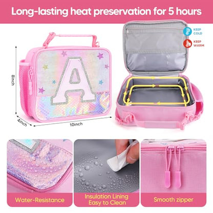 JYPS Lunch Box for Girls-Insulated Lunch Bag,Kids Bento Box with 6 Compartment,Water Bottle,Ice Pack,Salad Container,Perfect Lunch Container for Kids and Toddlers Back to School Age 7-15(Pink A)