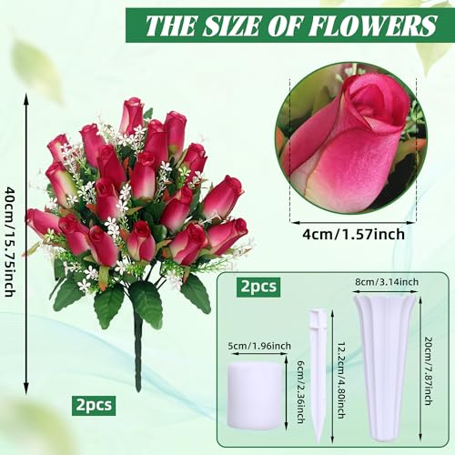Artificial Cemetery Flowers for Grave Rose Pink 2-Pack with Vases - Memorial Flowers for Tombstone Decoration