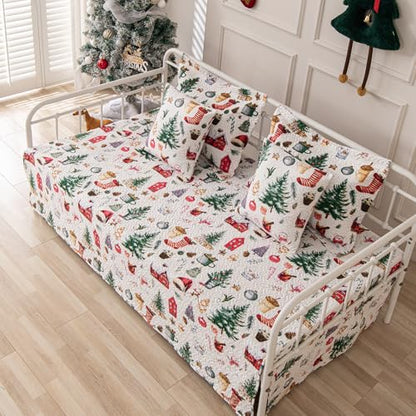 Christmas Daybed Cover Set Twin - Red Green Snowflake & Reindeer 39x75 with Shams