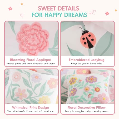 Kids Floral Pink Comforter Set with 3D Embroidered Flowers & Pillow - Twin/Twin XL