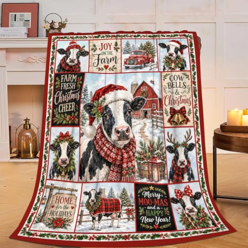 Christmas Cow Plush Fleece Throw Blanket - 50x60 Inches for Women Kids Girls