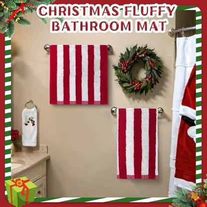 Newwiee 4 Pcs Christmas Bathroom Set with Red and White Striped Rugs and Towels - Holiday Decor