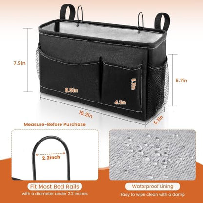 Black Bedside Caddy for Dorm Bed - Hanging Organizer with Reinforced Support