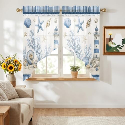 Coastal Blue Nautical Sheer Curtains Set 36x45 Inches with 2 Panels - Lighthouse & Conch Coral Design