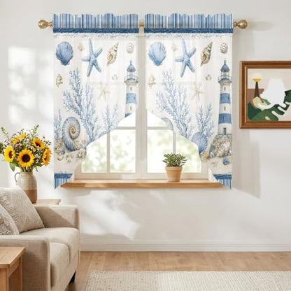 Coastal Blue Nautical Sheer Curtains Set 36x45 Inches with 2 Panels - Lighthouse & Conch Coral Design