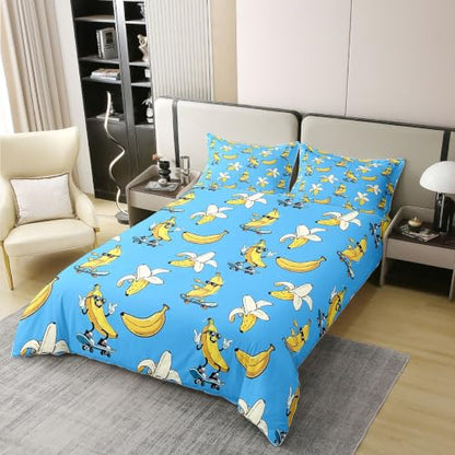 Queen Size Cotton Duvet Cover Set - Yellow Banana & Bright Blue Tropical Fruits, 3 Piece with Pillowcases, Variation: Blue Yellow / Queen