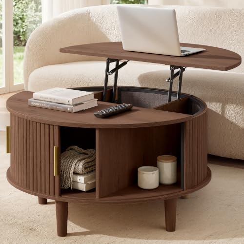 Round Coffee Table with Lift Top and Tambour Sliding Door - Chestnut Brown, 31.5 inch Diameter