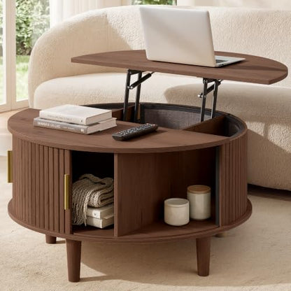 Round Coffee Table with Lift Top and Tambour Sliding Door - Chestnut Brown, 31.5 inch Diameter