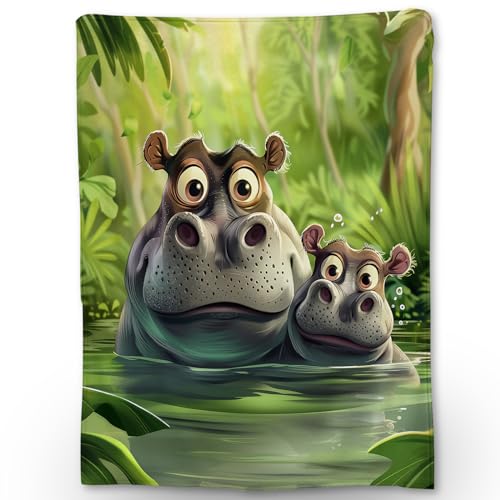 Cute Cartoon Hippo Flannel Throw Blanket 80x60 Inches - Soft Cozy Animal Blanket for Couch Bed Travel & Home Decor - Hippo22