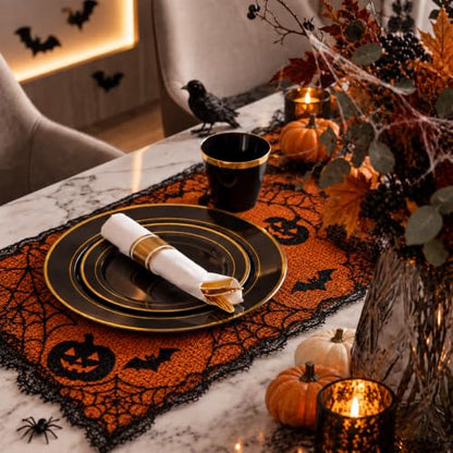 Black and Gold Plastic Dinnerware Set for 50 Guests - 350 Pieces, Includes Plates Cups Napkins