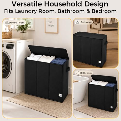 UFORU 195L 3-Section Laundry Hamper with Lid - Black, Collapsible & Removable Mesh Bags
