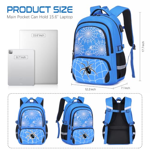 Blue 3-Piece Boys Backpack Set with Luminous Spider Design, Lunch Bag & Pencil Case