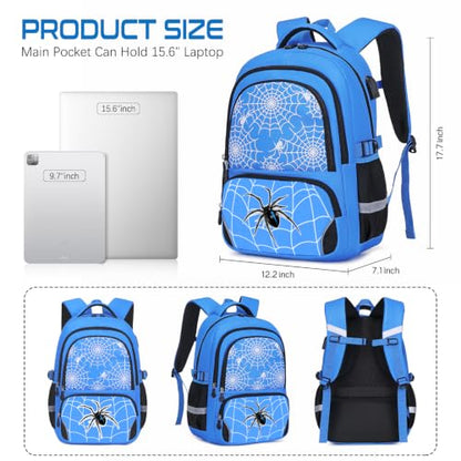 Blue 3-Piece Boys Backpack Set with Luminous Spider Design, Lunch Bag & Pencil Case