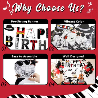 Retro Disco Party Decorations Set Black Red - Music Legend Birthday Supplies with Banner Honeycomb Centerpieces & Hanging Swirls