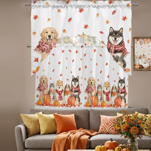 Autumn Fall Dogs Cats Kitchen Window Curtains Set 24 Inch Length - Orange Red White, 3 Piece Swag Valance and Tiers, Maple Leaves Thanksgiving Decor
