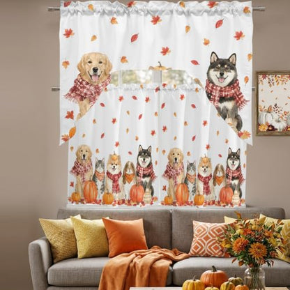 Autumn Fall Dogs Cats Kitchen Window Curtains Set 24 Inch Length - Orange Red White, 3 Piece Swag Valance and Tiers, Maple Leaves Thanksgiving Decor