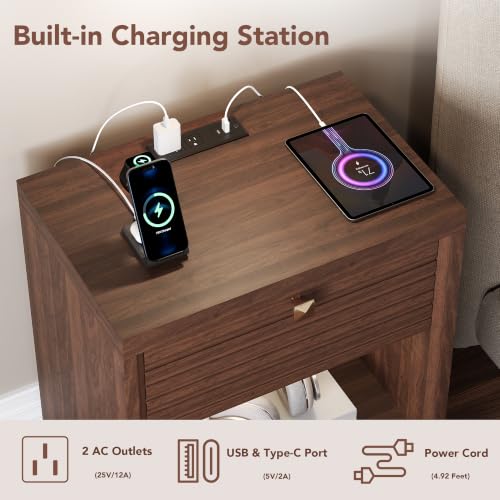 Fluted Nightstands Set of 2 with Charging Station & Drawer, Walnut – 23" Wide Bedside Tables