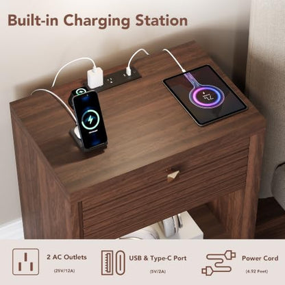 Fluted Nightstands Set of 2 with Charging Station & Drawer, Walnut – 23" Wide Bedside Tables