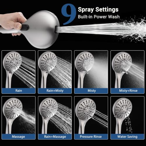 Brushed Nickel Handheld Shower Head with Slide Bar - 9 Spray Modes & Brass Holder