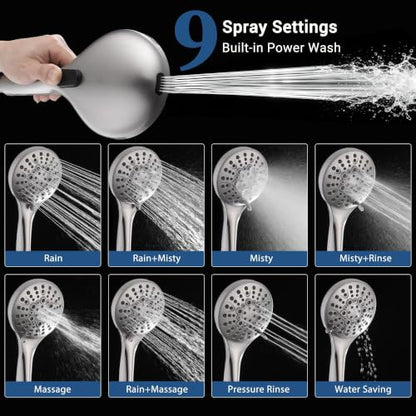 Brushed Nickel Handheld Shower Head with Slide Bar - 9 Spray Modes & Brass Holder
