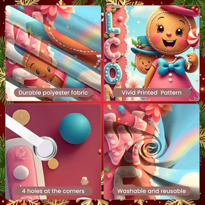 Pink Gingerbread Christmas Door Cover Decorations Welcome Banner Front Door Sign Holiday Outdoor Indoor