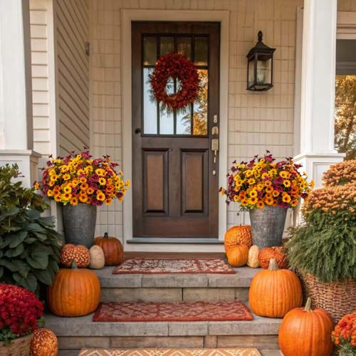 Artificial Fall Mums Flowers - 9 Bundles in Orange, Red, Yellow, Brown - Outdoor Decor