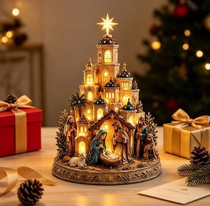 White Bethlehem Nativity Church Light Tower with Holy Family Tabletop Decor