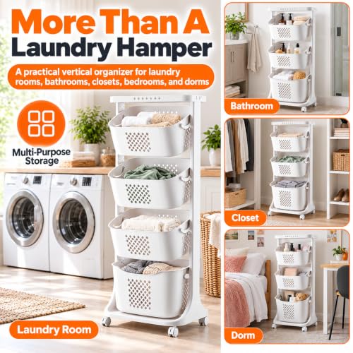 4 Tier Vertical Laundry Basket Organizer with Wheels - Space Saving Hamper
