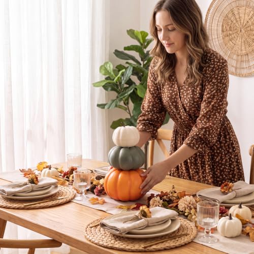 Marsui Fall Decor 2-Set Stacked Pumpkins with White, Green, Orange - 11.8"
