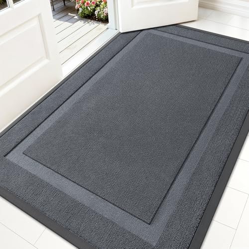 OLANLY Front Door Mat Indoor Outdoor Entrance, Waterproof All-Season, All-Weather Doormat, Sturdy Natural Rubber, Low Profile, Easy Clean Patio Porch Entryway Mat, 59x34, Charcoal Gray