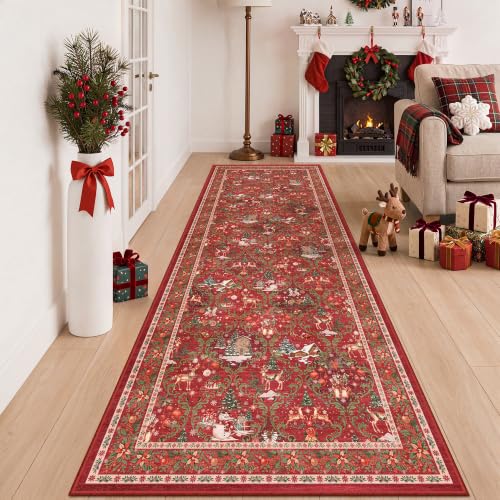 3x8 Red Christmas Runner Rug for Hallway & Kitchen Washable Non-Slip