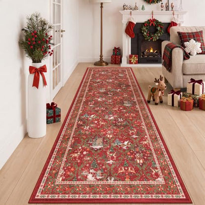 3x8 Red Christmas Runner Rug for Hallway & Kitchen Washable Non-Slip