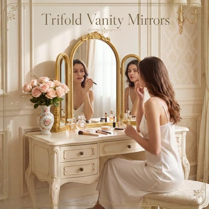 Wonderjune Vintage Gold Arched 3-Way Trifold Vanity Mirror - Baroque Style