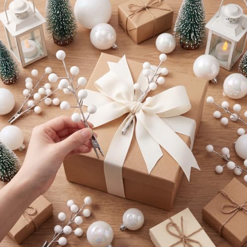 18 Pack White Christmas Berry Stems with Clips for Holiday Decorations - Berry / White