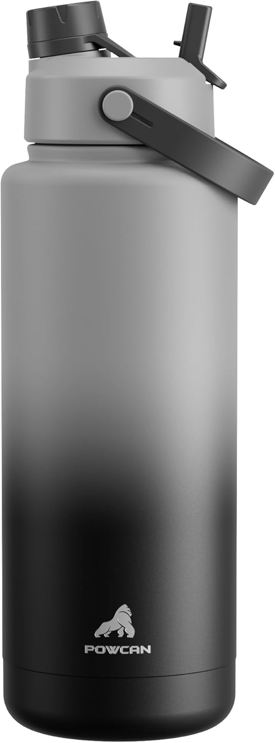 POWCAN 40 oz Insulated Water Bottle - 2-in-1 Straw & Spout Lid, Leak-Proof, BPA-Free | Obsidian Color
