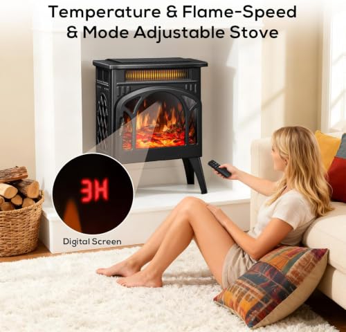 Dark Black 1500W Infrared Electric Fireplace Stove with 3D Flame & Remote